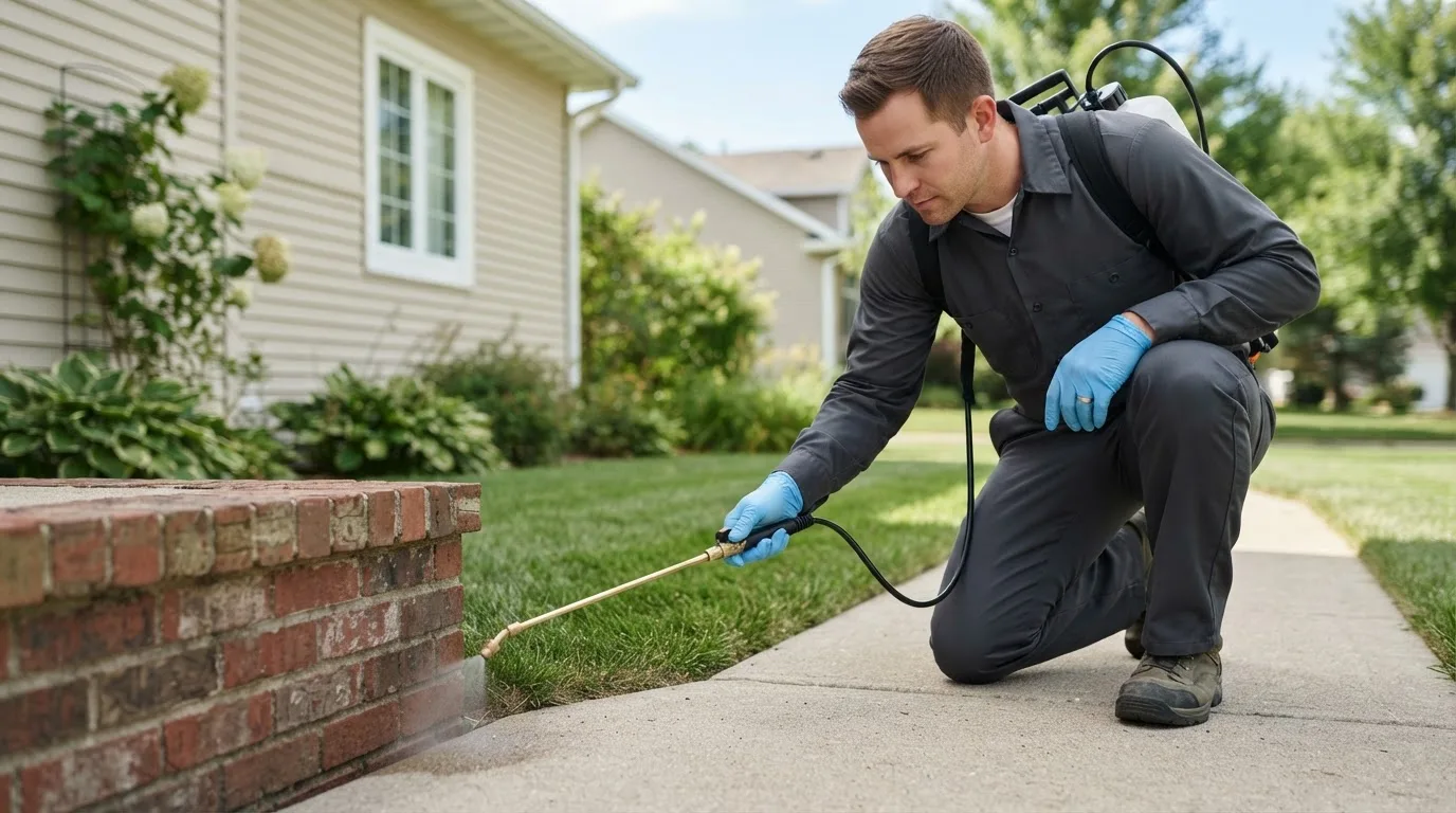 Pest control technician treating a home near Guilford, CT